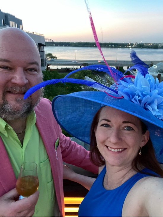 Royal Blue Wide-Brim Hat with Light Blue Flower and Pink Feather Accents